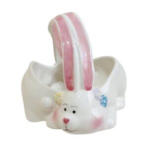 Ceramic Bunny Basket Candy Dish Pink Striped Handle & Floral Accents